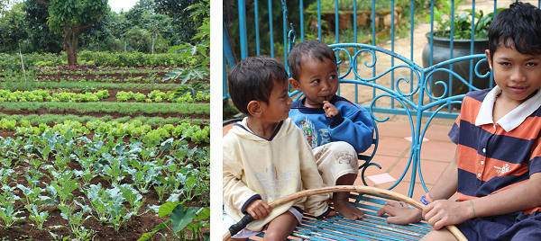Left: Ta Nung vegetables garden, they also grow coffee beans to support the orphanage.
Right: A few of the children.