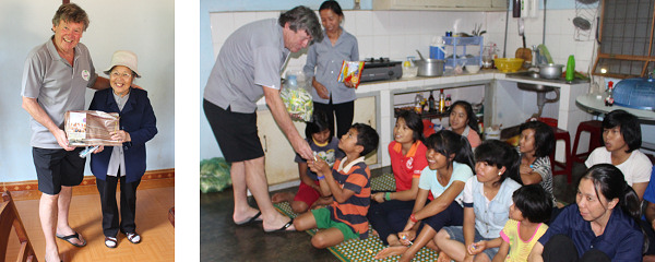 Left: The parcel I am handing Sister Bernadette is from my dentist who trades as Happy Smiles in Blackburn Road Canterbury. He donated enough toothbrushes & toothpaste for all the children we sponsor at all pagodas.
Right: Children receiving treats.