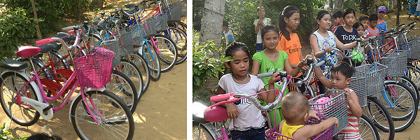 Above Left: Ten bicycles - delivered!
Above Right: The very happy children with their new bikes.