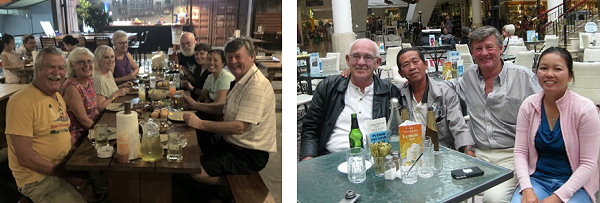 Above Left: The group all enjoying each other’s company and a great feed.
Above Right: Jim McDonald (dec.), Hai Ngan, Peter Fryers & Suong during a stay in Melbourne. Jim McDonald led a campaign with Hai's help to find a missing Australian helicopter pilot in the Long Hai Mountains.