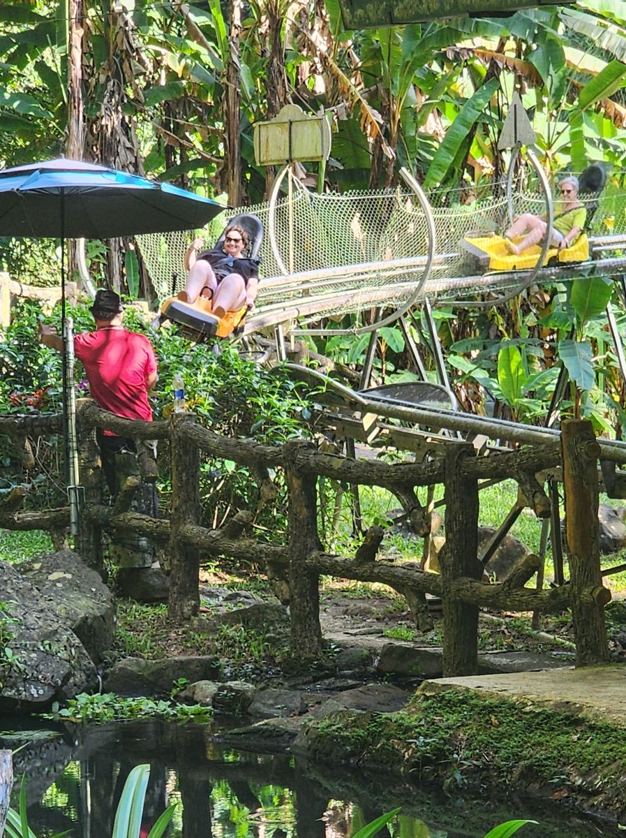 Loretta & Marilyn on the rollar car to the water falls