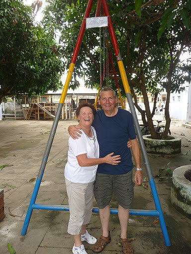 Jack & Glenys celebrate his return to Baria Orphanage where Jack visited
the Swing set he painted and erected at this orphanage in 1969, 42 years ago!
We put a plaque on it to commemorate the occasion!